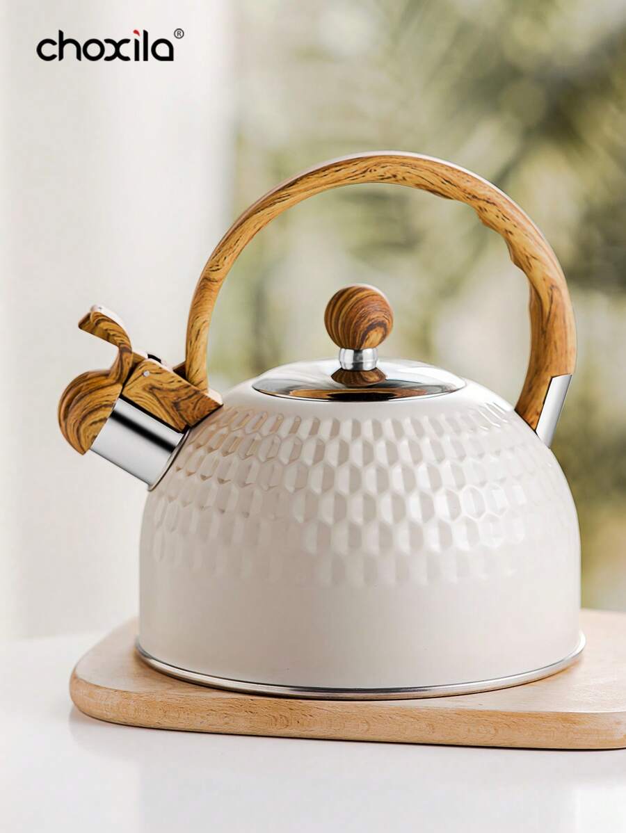 choxila 1pc 2L Stainless Steel Whistling Kettle - Creamy White With Wood Grain Handle, Perfect For Coffee & Tea, Compatible With Electric & Gas Stoves, For Outdoor, Camping