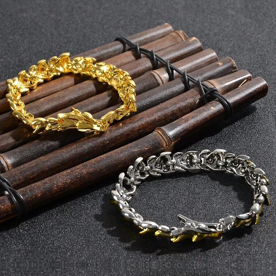 Set de 2 piezas de joyería deslumbrante, pulsera de acero inoxidable con diseño de dragón en oro y plata, joyería elegante y exquisita de moda para damas y caballeros