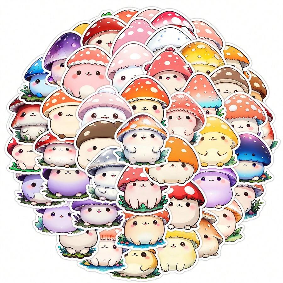 50PCS Kawaii Mushroom Stickers Vinyl Aesthetics Stickers Scrapbooking, Diary, Bumper, Skateboard, Water Bottle, Cartoon, Hard Hat, Car Stickers And Decals