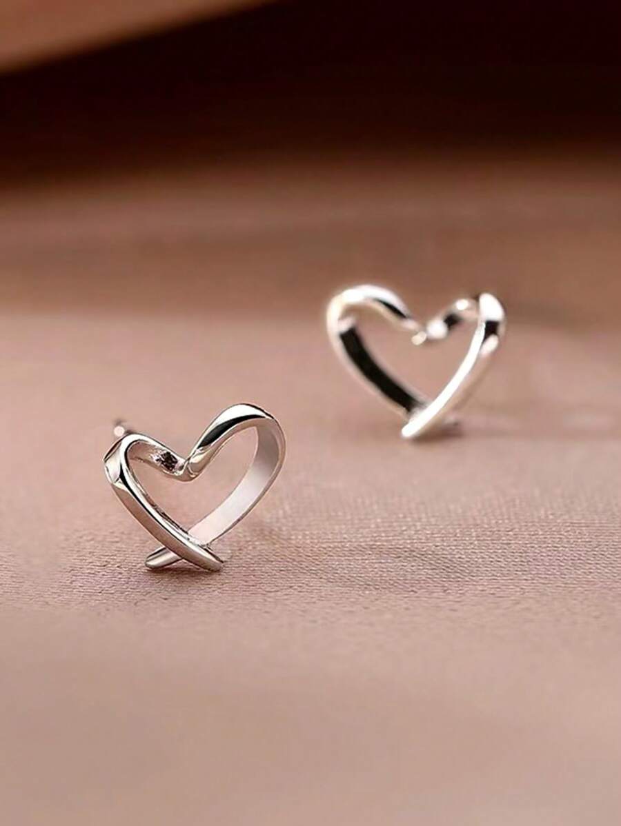 1 Pair Romantic 925 Sterling Silver Heart Stud Earrings Wedding Anniversary Ear Jewelry For Women Gift Fine Jewelry