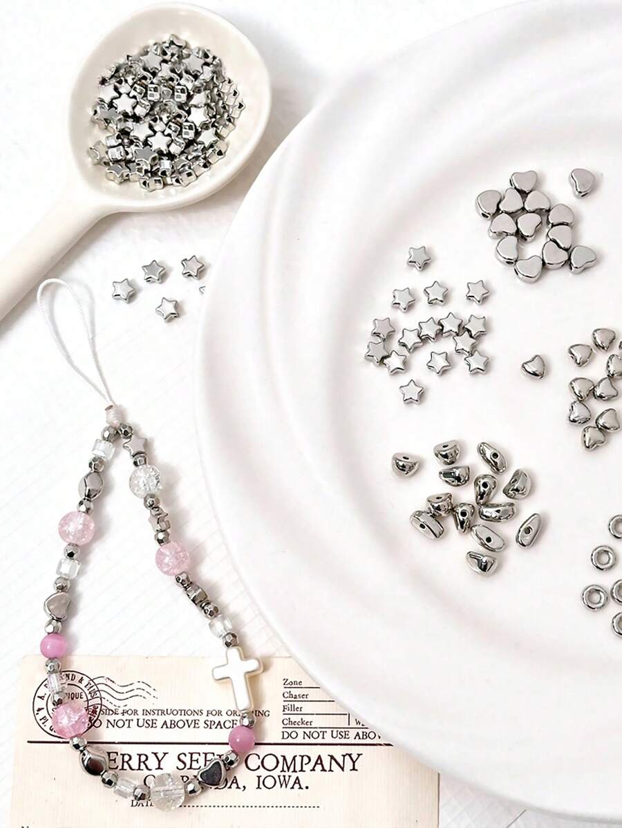 1 paquete (10g) (5g) (20g) Surtido de cuentas espaciadoras de varios estilos - corazón, estrella, formas geométricas, formas asimétricas, cuentas espaciadoras de color plateado para manualidades de collares y pulseras DIY