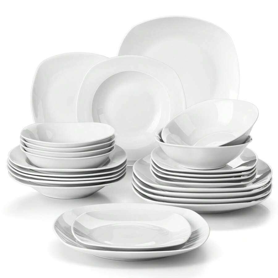 MALACASA Service de table en porcelaine 24 pièces, service blanc, service pour 6 personnes, assiette à dîner, assiette à dessert, assiette à soupe et bol