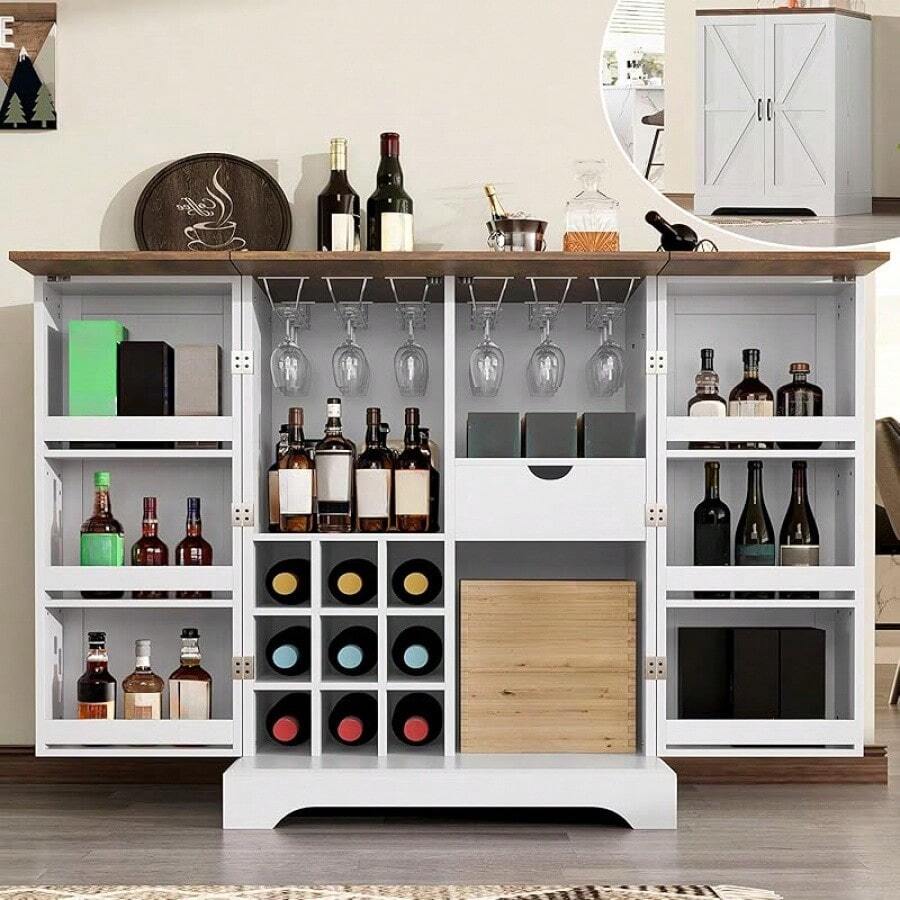 Merluxy 61" Farmhouse Bar Cabinet With 9 Wine Racks, Folding Liquor Storage, Expandable Coffee Bar Station With Drawer, Rustic White Mini Bar For Kitchen & Dining Room