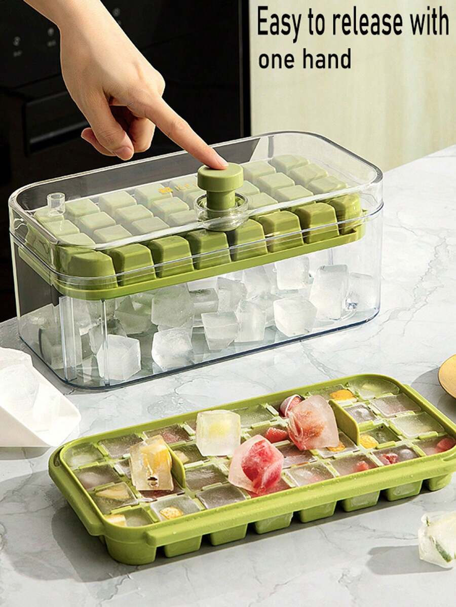 1pc32 Grid Silicone Ice Cube Tray Mould With Lid Shovel Storage Box Remove With One Click Ice Maker DIY Whiskey Cocktail Tools, For Outdoor, Camping