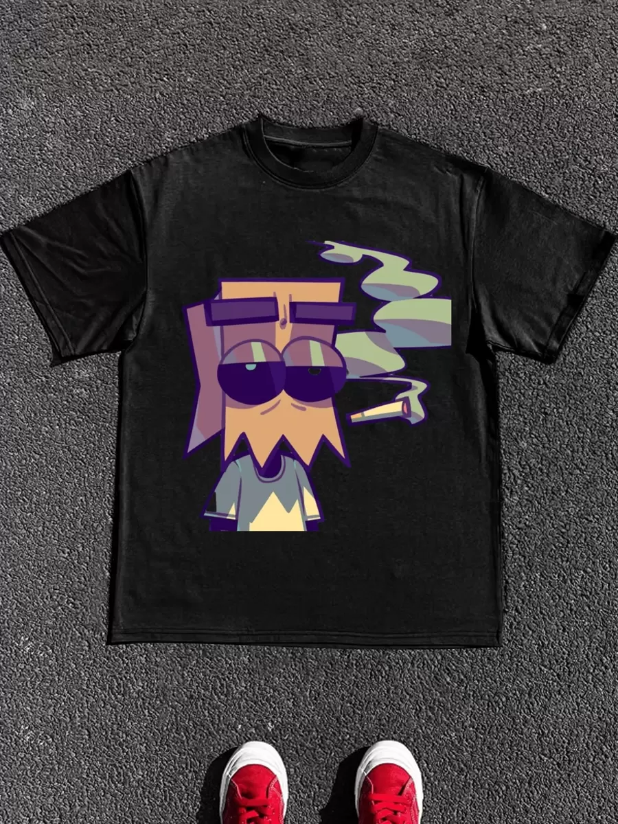 Men's 220g Heavy Pure Cotton Short - Sleeved Shirt With Edgy Cartoon - Smoke Print