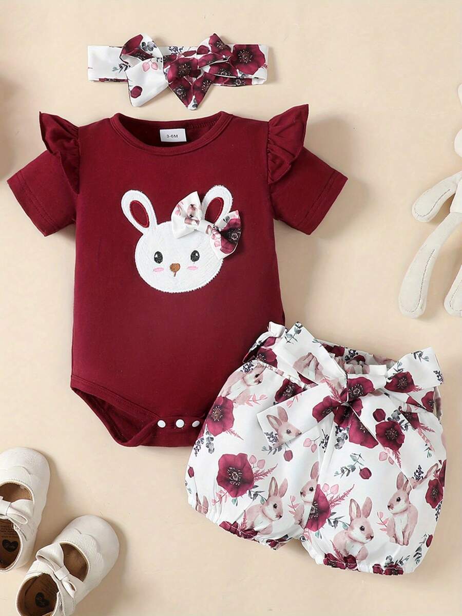 Baby Girls Shorts Set, Short Sleeve Letters Print Romper Striped Shorts With Hairband Easter Outfit