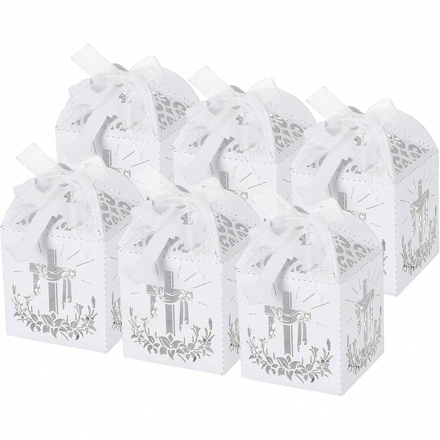 50 stuks lasergesneden kruisvormige snoepdozen, doopgunstdozen met lasergesneden kruis, linten en kruislabels, geweldig voor christelijke, doop, bruiloft kleine geschenkzakken decoratie