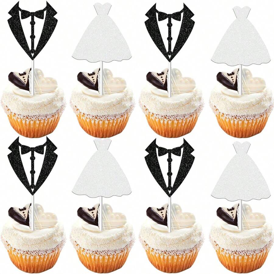 12PCS Wedding Cupcake Toppers Glitter Groom And Bride Cupcake Picks Bridal Shower Wedding Engagement Party Cake Decorations Supplies