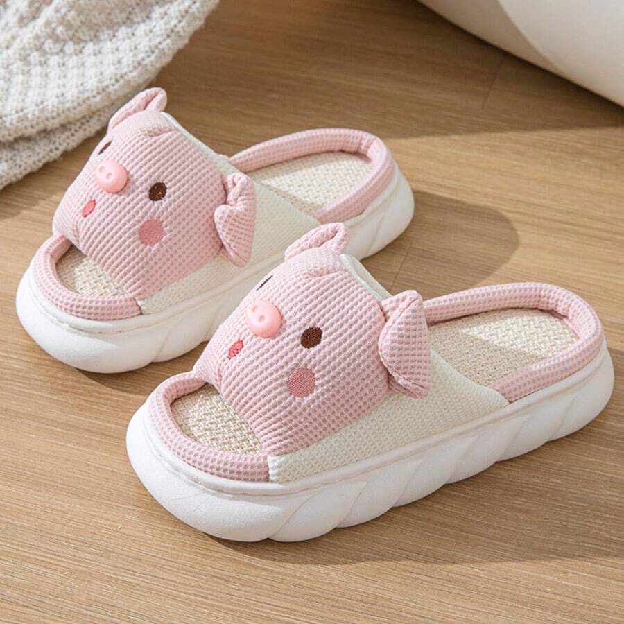 coimfine Pink Cartoon Pig Design Thick Sole Indoor Slippers, Fabric Slippers For Home, Spring/Summer/Autumn