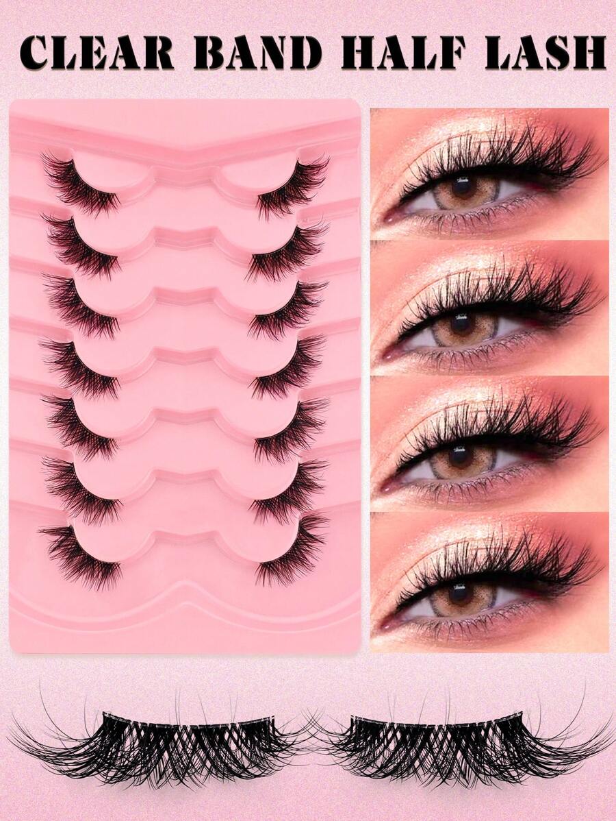 7 paar transparante halve wimpers met natuurlijke look, luchtige kattenooglook, korte accentwimpers, hoekwimpers, 3/4 wimpers, herbruikbare wimpers, verpakking