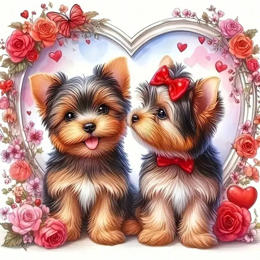 1 pieza Kit de pintura de diamantes 5D - Dos cachorros, kit de arte de bordado de diamantes completo y redondo para adultos, incluye herramientas, decoración de pared para el hogar, artesanía sin marco de 7,87 x 7,87 pulgadas