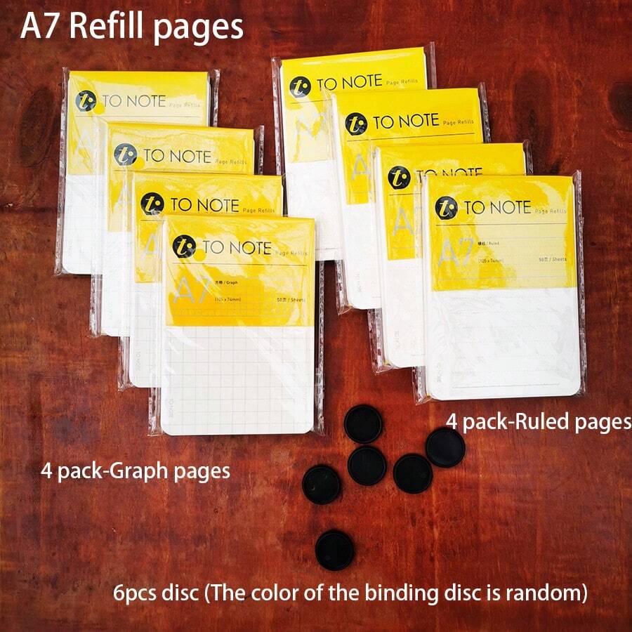 Ricambi A7 con foro a fungo, 50 fogli/confezione, con pagine a griglia e a righe + dischetti per rilegatura per quaderni a fogli mobili