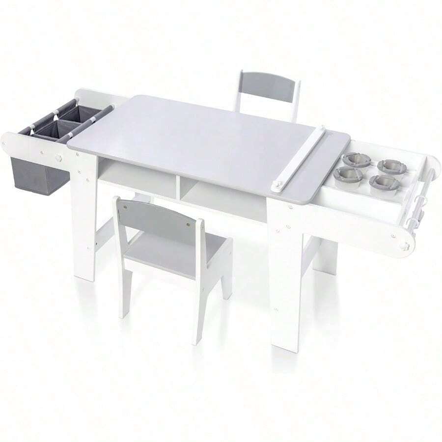 Set With Chairs For Playroom, Toddler Craft And Play Wood Activity Table With Storage Bins And Paper Roll (Grey And White)