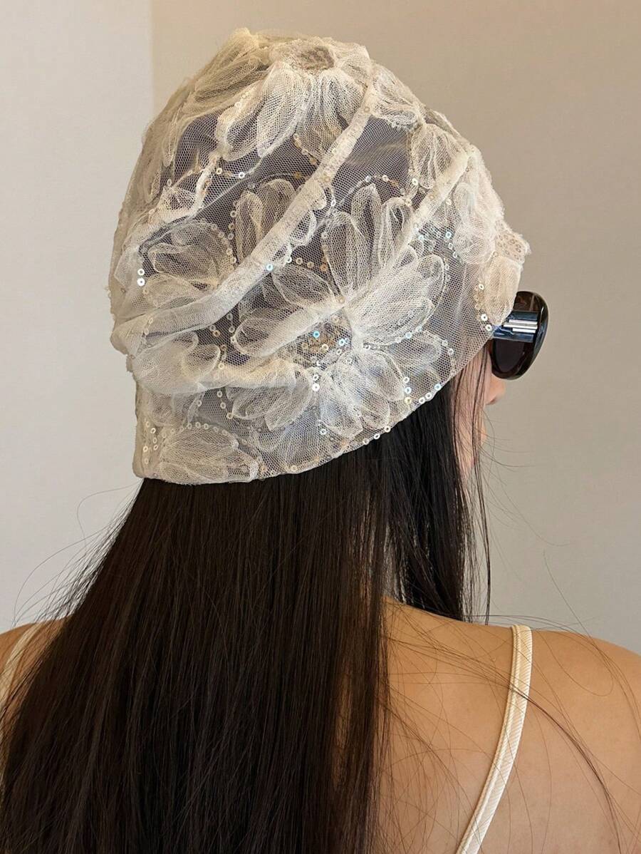1 buc șapcă la modă cu paiete cu flori pliuri, șapcă subțire cu plasă respirabilă de vară, stil retro, potrivită pentru femeile să iasă și să călătorească