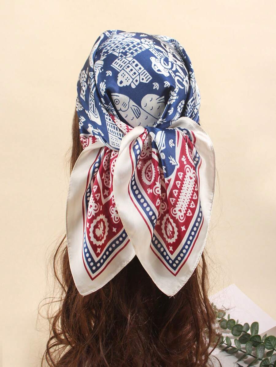 1pc Faux Silk Printed Bandana, Fashion Versatile Neckerchief Scarf Suitable For Daily Use