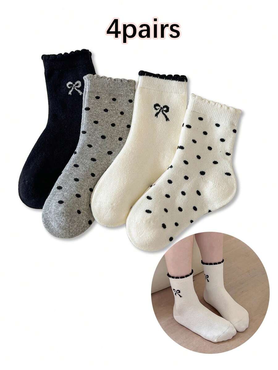 4 pares de calcetines cortos con volantes y lazos de lunares para niñas, estilo primavera