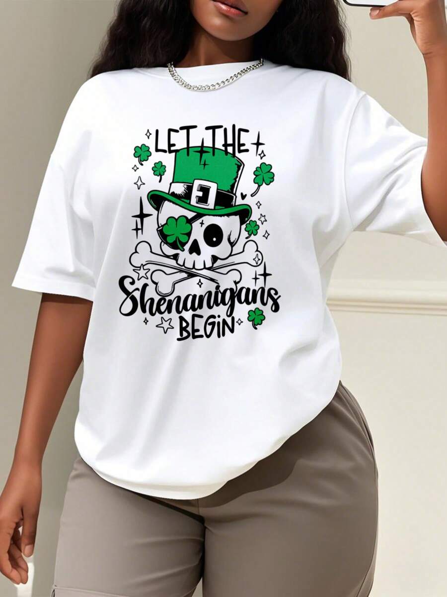 Oversized Style For Women, Funny St Patricks Let The Shenanigans Begin T-Shirt Patrick's Day Skeleton Tee Skull Shamrock Shirt, Oversize Type Shirt For Women, Perfect For Holiday Parties Or Gift Giving, Soft And Comfortable