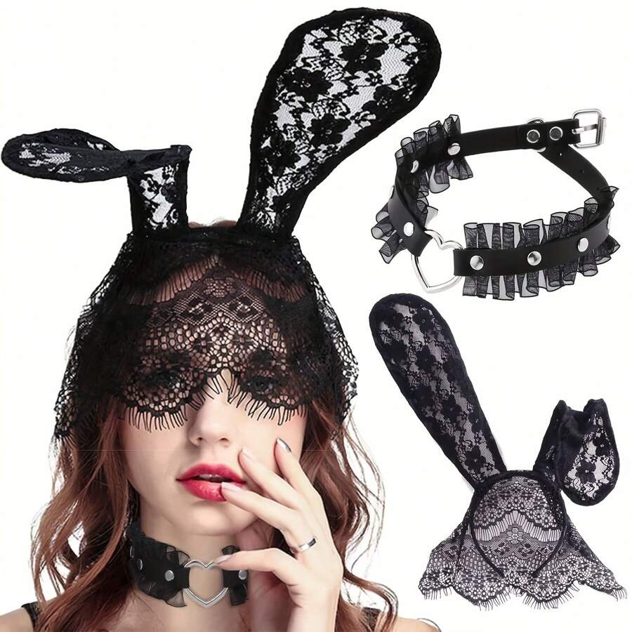 2pcs Lace Black Bunny Ears Headband, Bunny Ear Hairband With Veil, Heart-Shaped Necklace For Easter, Costume Accessory, Rabbit Party Prop, Masquerade Role-Playing Headpiece