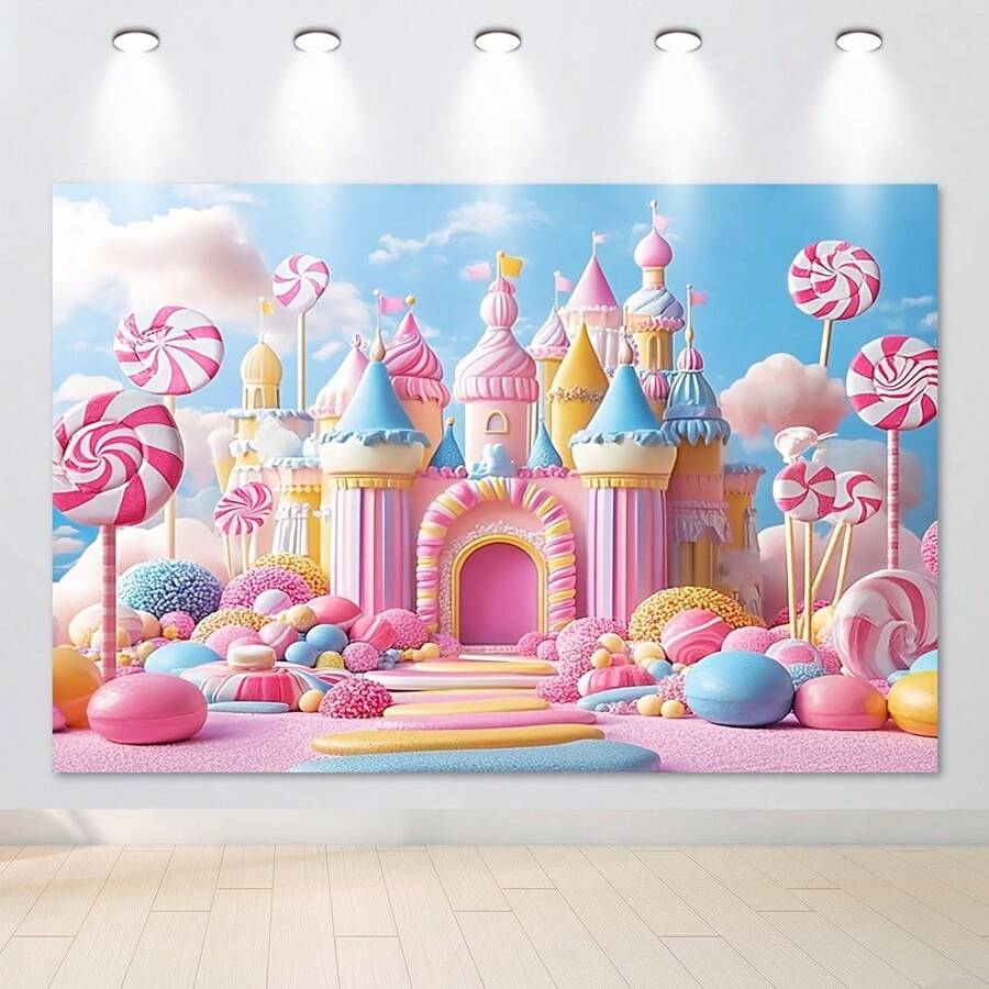 Candy Land Lollipop & Rainbow Castle 3D Tło Tkanina - Kolorowe Poliestrowe Tło Fotograficzne Na Imprezy Na Zewnątrz, Łatwe Do Wiszenia Dekoracje, Wykwintne