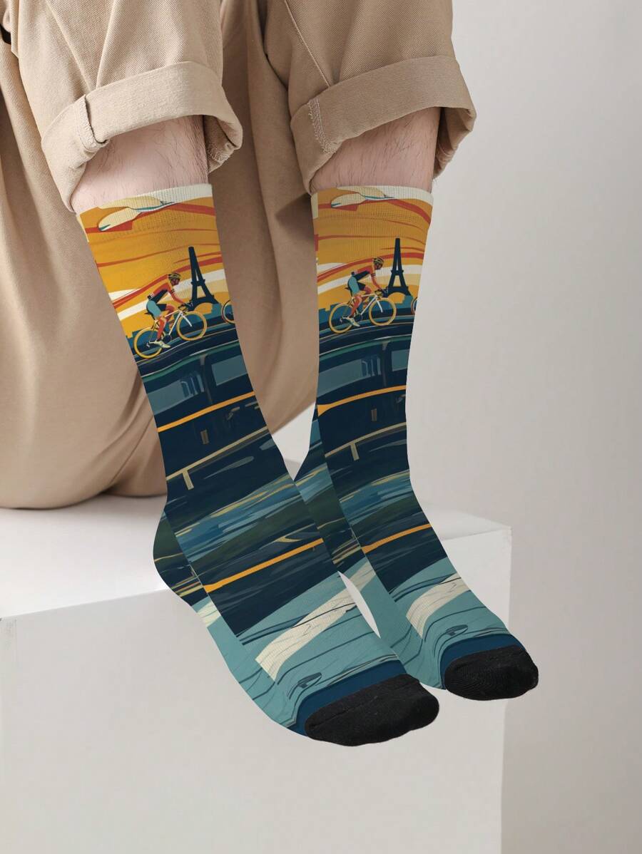 1 Pair 3D Printed Cartoon Athlete & Bicycle Mid-Calf Socks For Men & Women, Comfortable Breathable Fashionable Streetwear Socks, Suitable For Holidays, Vacations, Gift-Giving