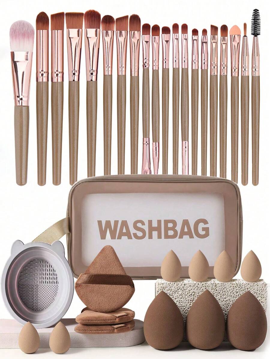 34pcs Makeup Brush Set, Including: 20pcs Makeup Brush, 3pcs Water Drop Makeup Sponge, 3pcs Triangle Powder Puff, 6pcs Mini Water Drop Makeup Sponge, 1pc Makeup Bag, 1pc Cleaning Tool, Makeup Brush Set, Mixed Makeup And Beauty Tools, Soft Bristles, Advanced Synthetic Red Powder Brush, Basic Makeup Brush