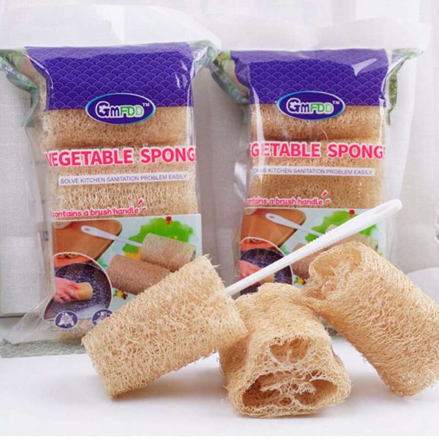 3pcs Natural Loofah Dish Scrub Pads, Loofah Cup Brush, Thermal Bottle & Milk Bottle Brush, Cleaning Brush Set