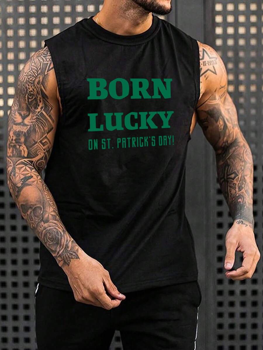 Plus Size Men's St. Patrick's Day Four-Leaf Clover Print Casual Sleeveless Vest Top