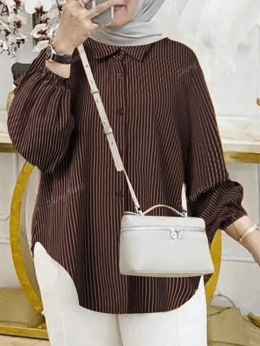 Blouse décontractée femme à manches bouffantes rayées, modeste
