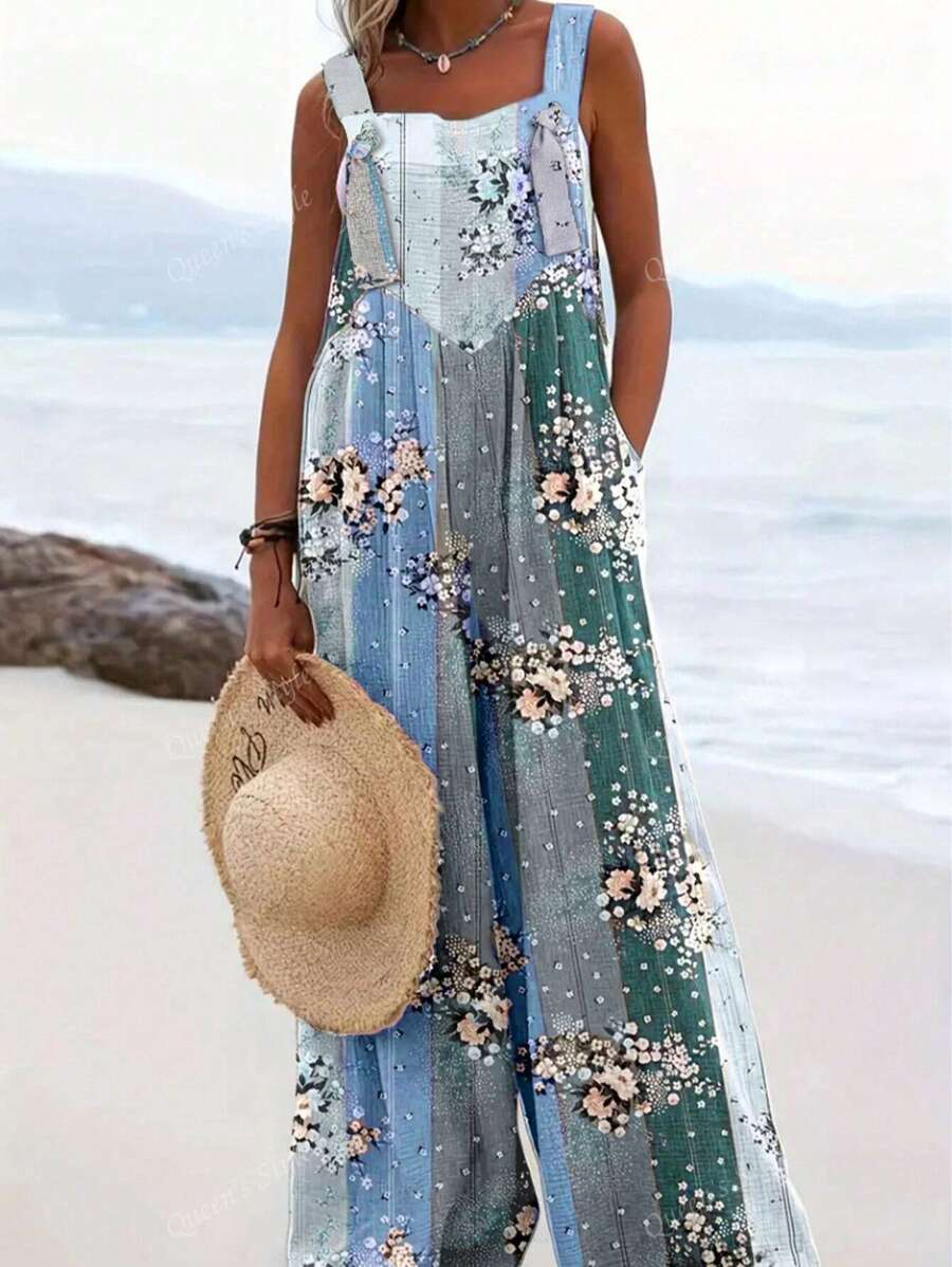 Mono sin mangas de pierna ancha con cuello cuadrado floral, para uso casual en primavera/verano