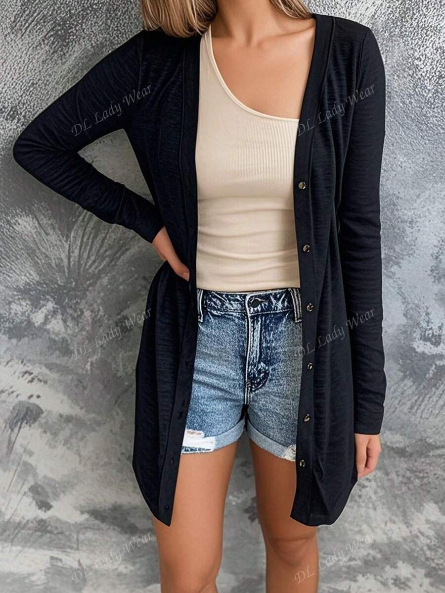 Chaqueta casual de mujer de manga larga, con botones, de corte holgado y diseño liso, ideal para primavera/verano