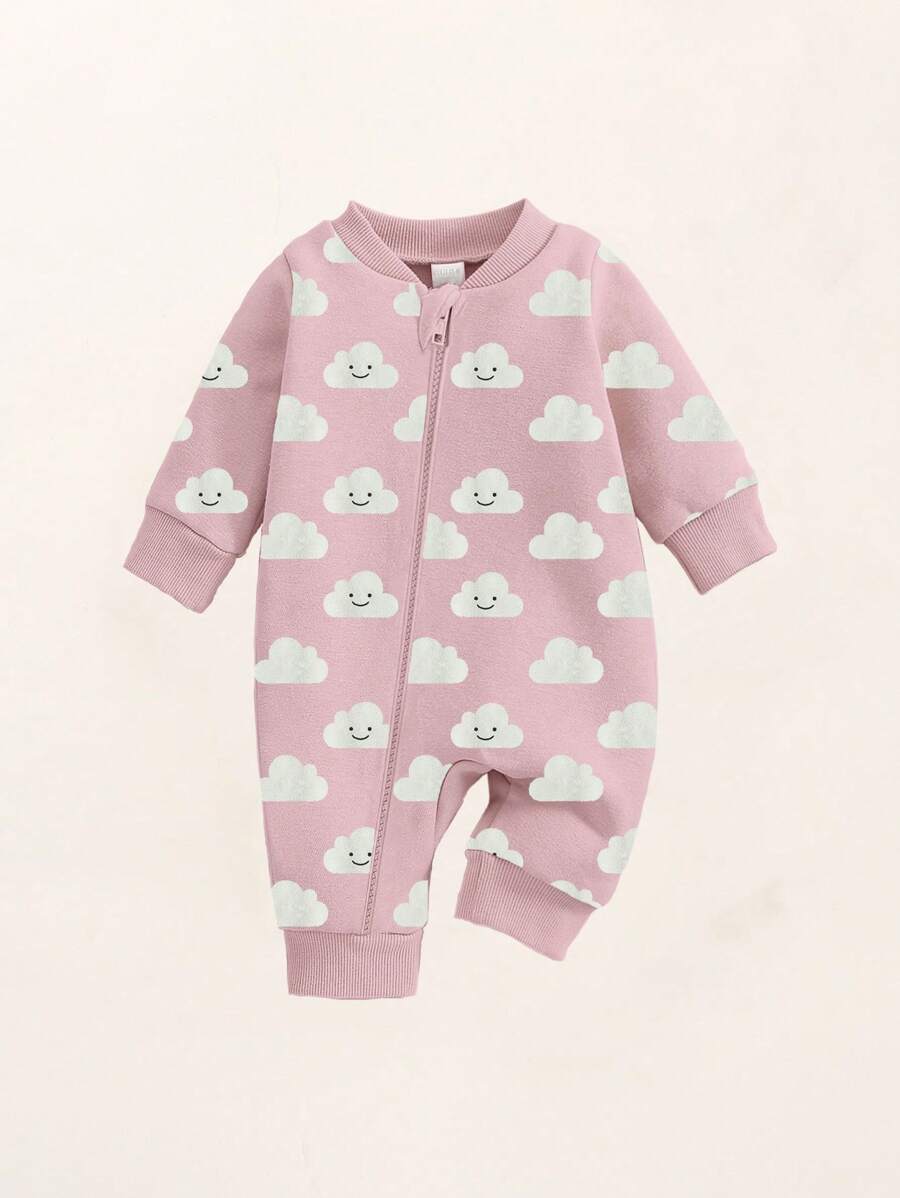 Macacão Bebê Manga Longa para Menina com Zíper 100% Algodão com Estampas Nuvens Quentinho