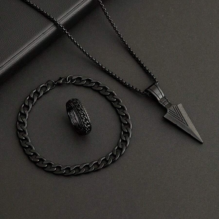 3pcs Punk Rock Hiphop Party Accessories Arrow Necklace, Bracelet And Ring Set For Men