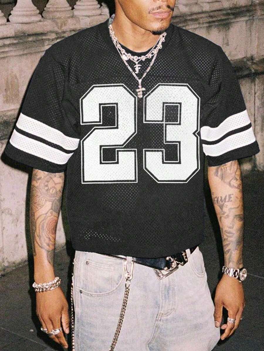2025 Men's Fashion Breathable Mesh Striped Letter Print Short Sleeve Casual Basketball Jersey Style T-Shirt, Spring/Summer