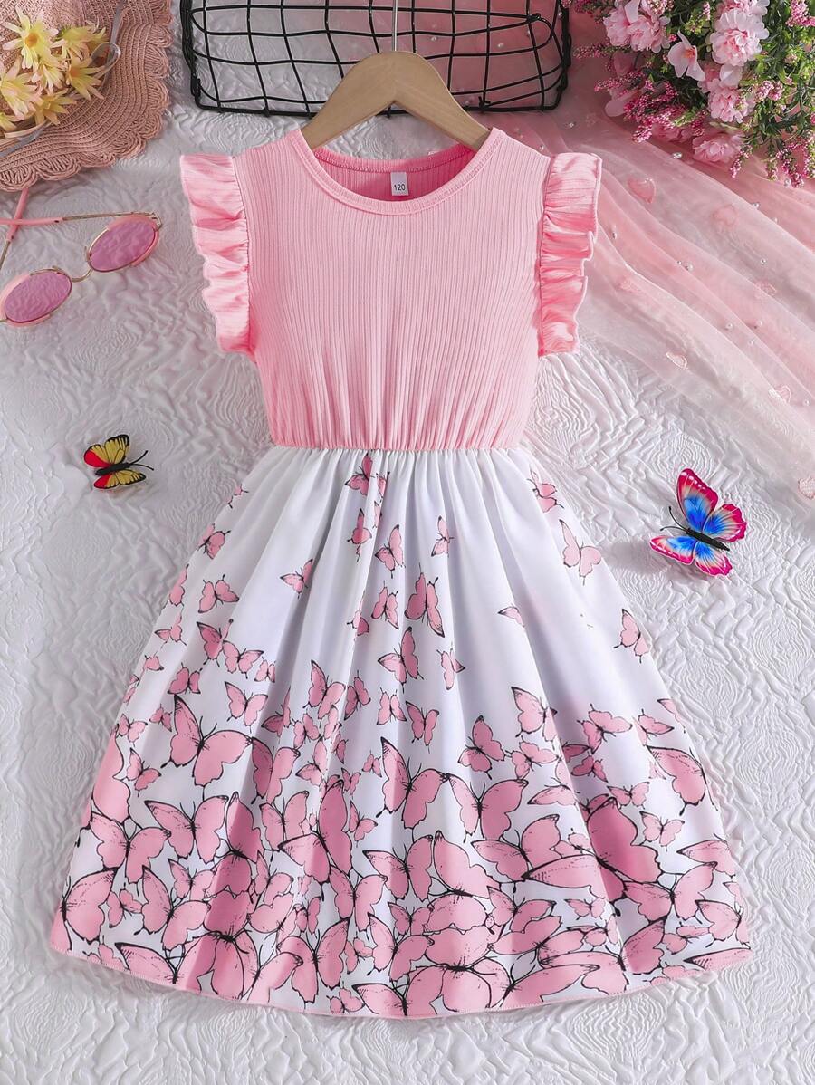 Tween Girls Elegant Floral Print Casual Cap Sleeve Ribbed Patchwork Dress, Summer