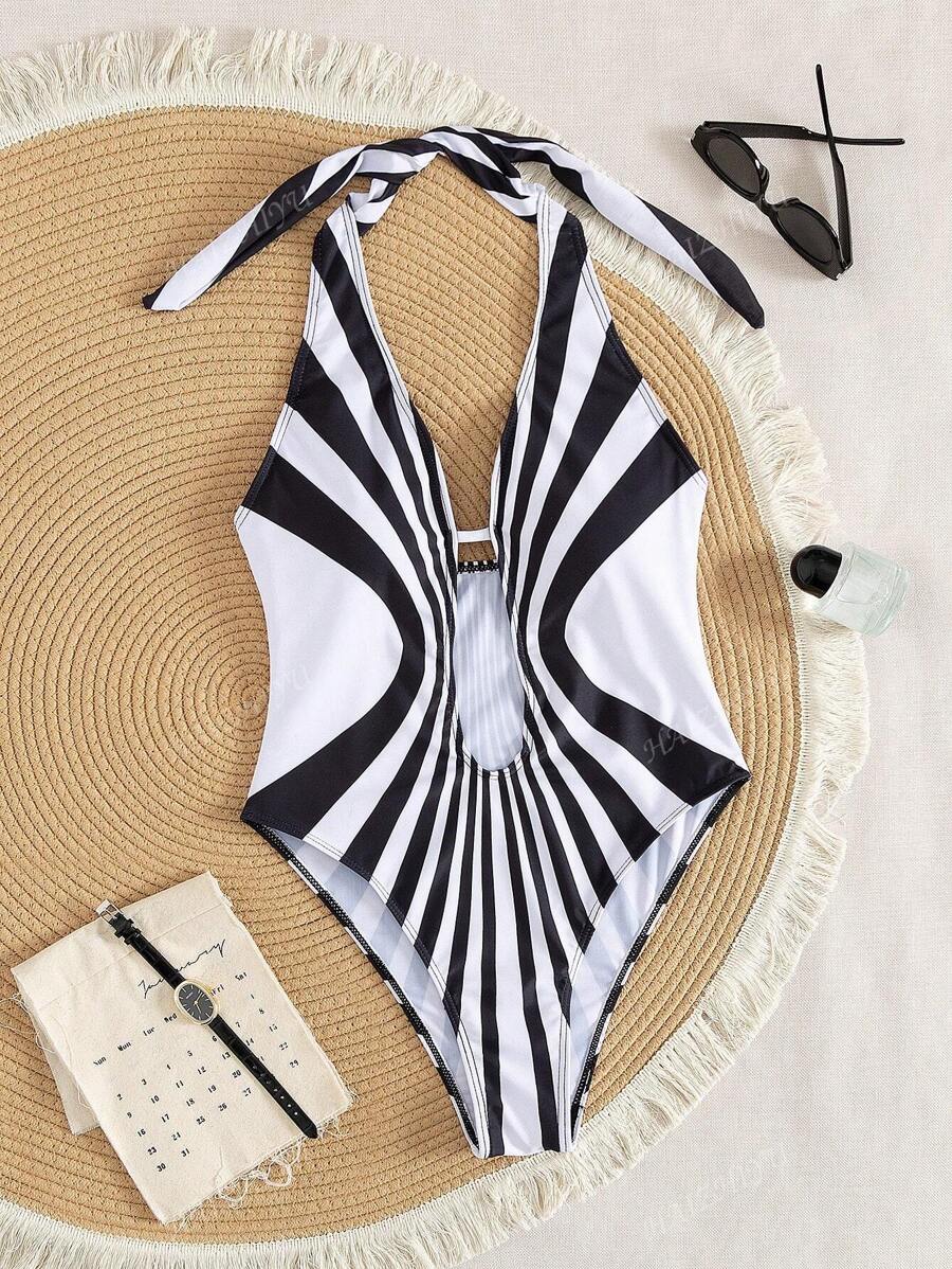 Traje de baño de una pieza sexy con contraste blanco y negro y recortes, para vacaciones de verano en la playa