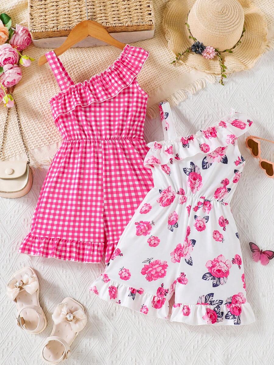 2 pezzi/Set Tuta casual e comoda da ragazza con stampa a quadri e floreale, stile estivo per vacanze