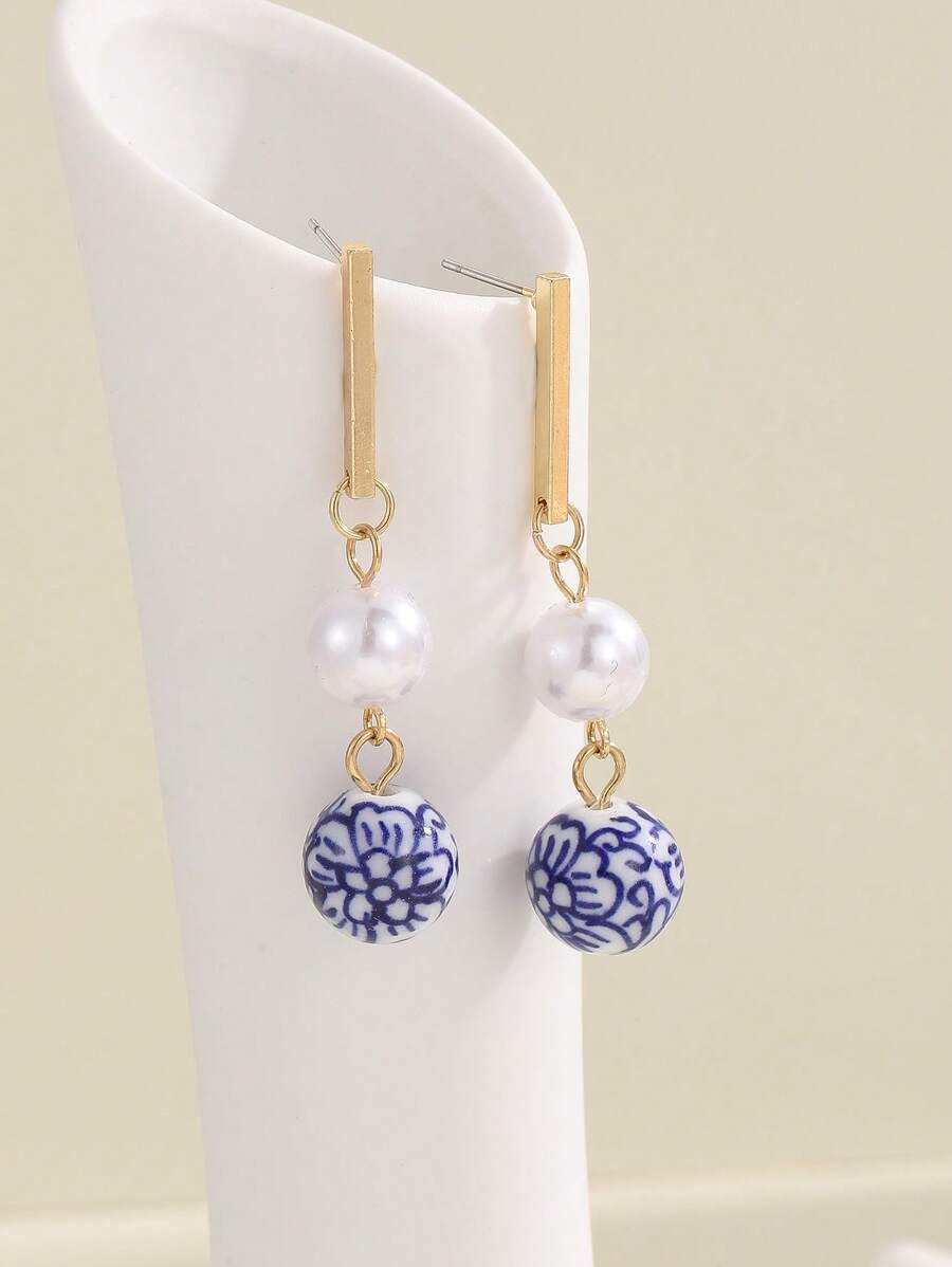 Vintage Neo-Chinese Style Ceramic Printed Earrings, Stainless Steel Imitation Ginger Jar Earrings Suitable For Women's Daily Wear