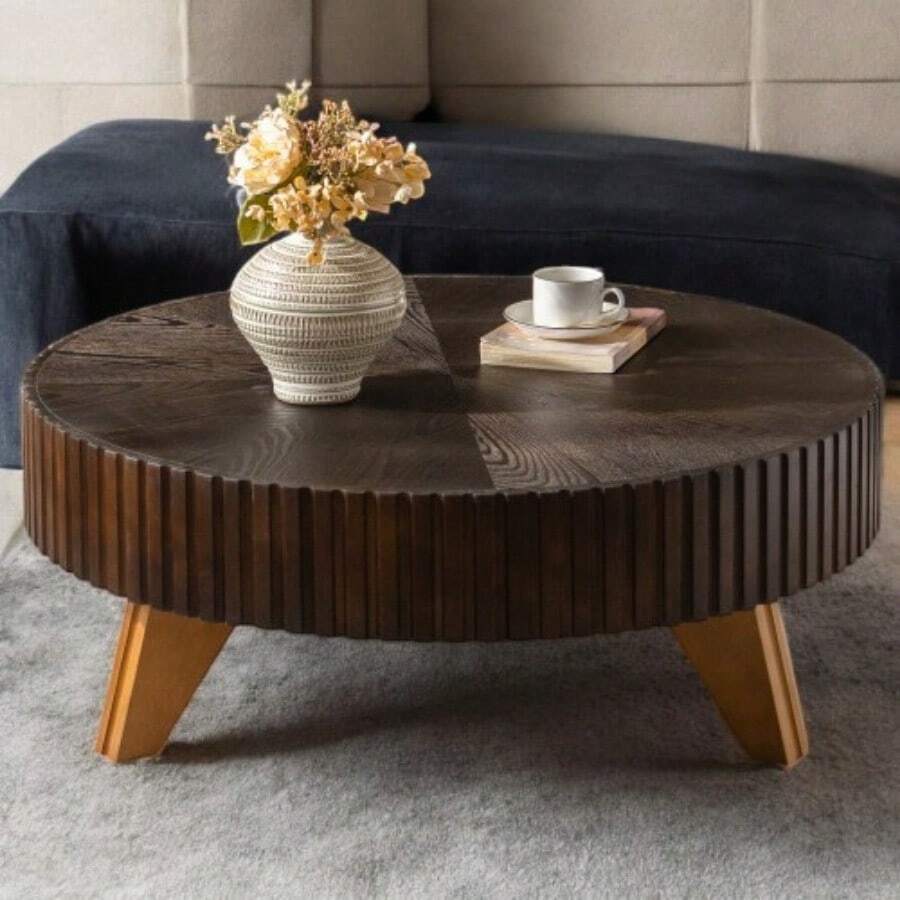 35.4" Round Retro Style Coffee Table - Ideal For Coffee Time, Home Decor & Living Room. Sturdy Construction, Rustic Brown Finish, Perfect For Adding A Touch Of Elegance To Any Indoor Space, Suitable For Relaxing Evenings And Entertaining Guests