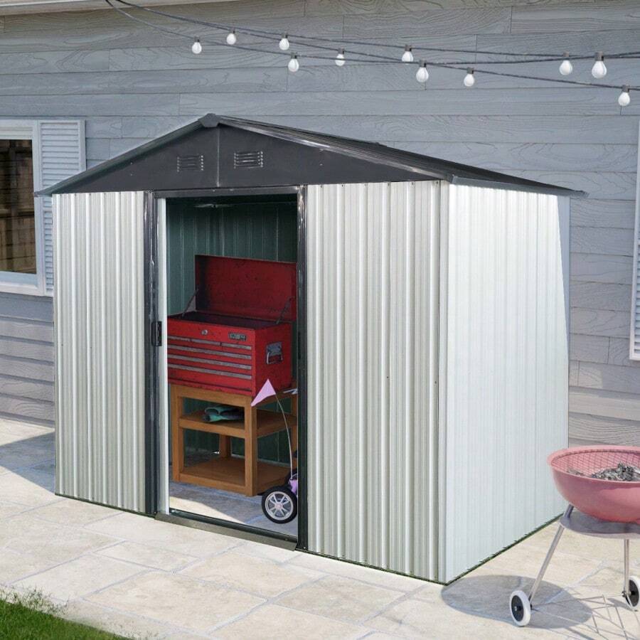 8ft X 4ft Outdoor Metal Storage Shed With Sliding Door And Foundation For Backyard Patio Lawn - White And Black