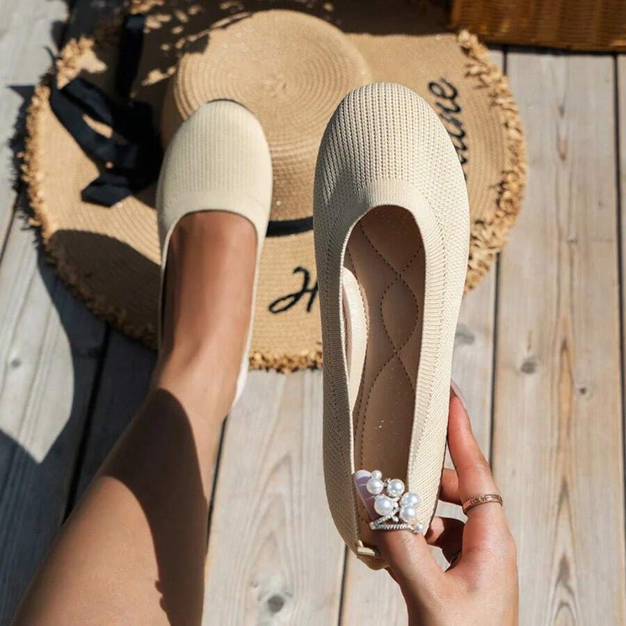 Round Toe Flats For Women Comfortable Knit Ballet Flat Shoes Casual Slip On Shallow Shoes Office Boat Shoes Plus Size Moccasins
