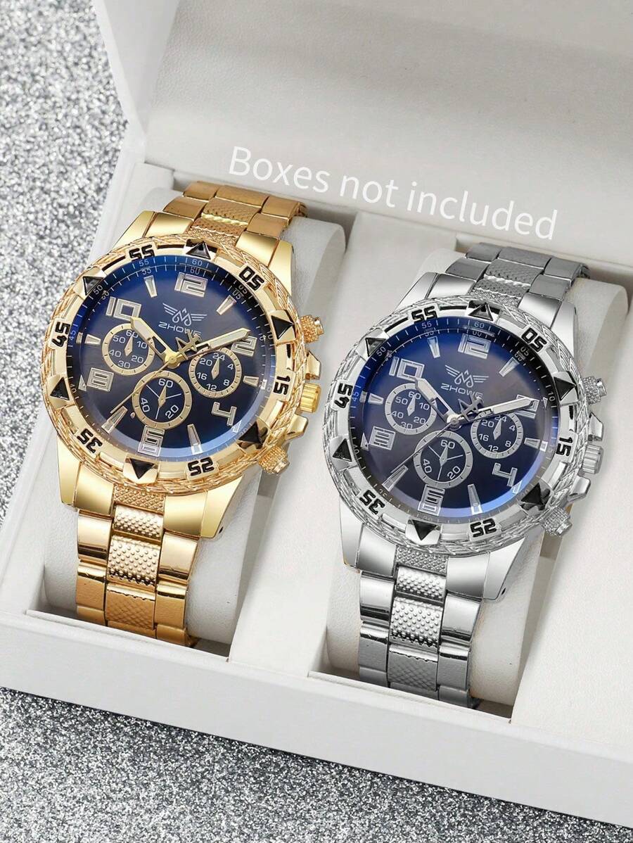 Conjunto de 2 relojes de cuarzo de acero inoxidable plateado con correa para hombre, estilo elegante y de negocios, adecuado para decoración de fiestas, ocio y viajes