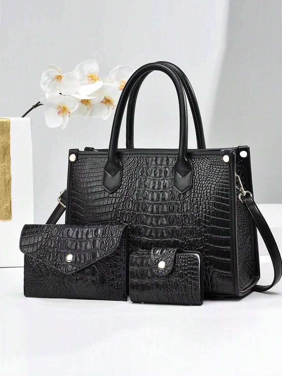 3-Piece Set: Crocodile Pattern Faux Leather Luxury Handbag, Elegant Large Capacity Fashion Handbag, Includes Shoulder Bag And Clutch. Suitable For Travel, Shopping, Commuting. New Stylish Women's Tote, Shoulder, Cross-Body Bag, Versatile & Spacious For Back To School Season