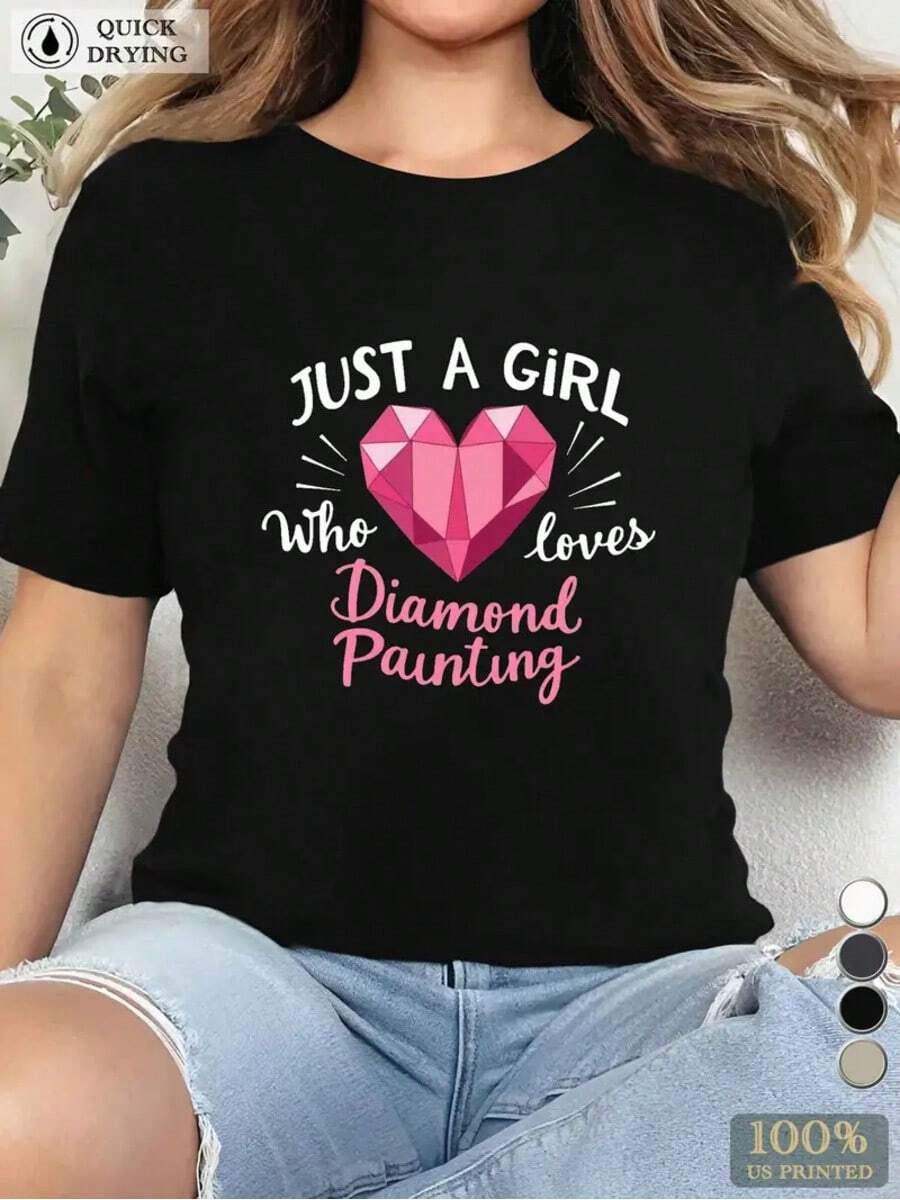 Women's Plus Size Casual T-Shirt With "Just A Girl Who Loves Diamond Painting" Graphic, 100%, Crew Neck, Short Sleeve, Geometric Pattern, Knit Fabric, All Seasons 100% Cotton