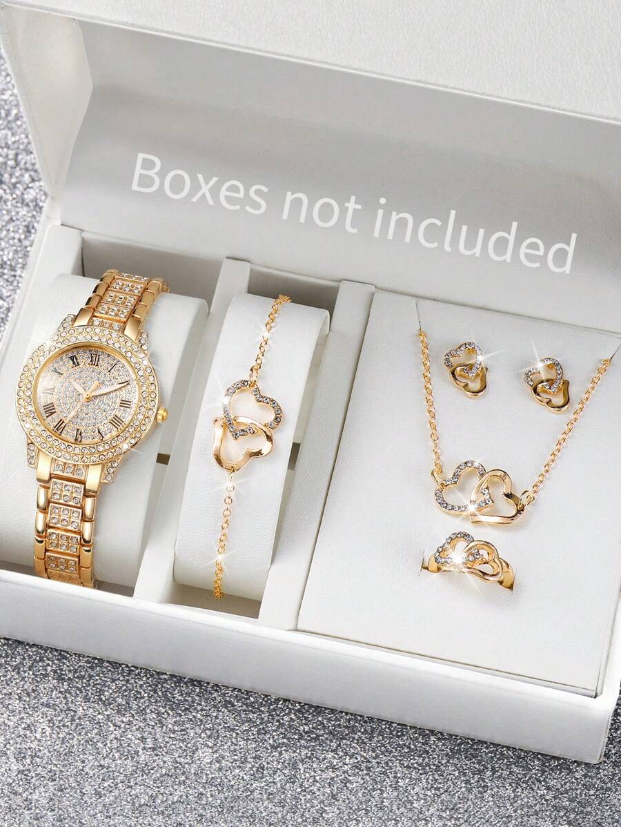 6 pièces/set Montre-bracelet à quartz analogique en acier inoxydable avec cristaux incrustés pour femmes + accessoires de bijoux en forme de cœur