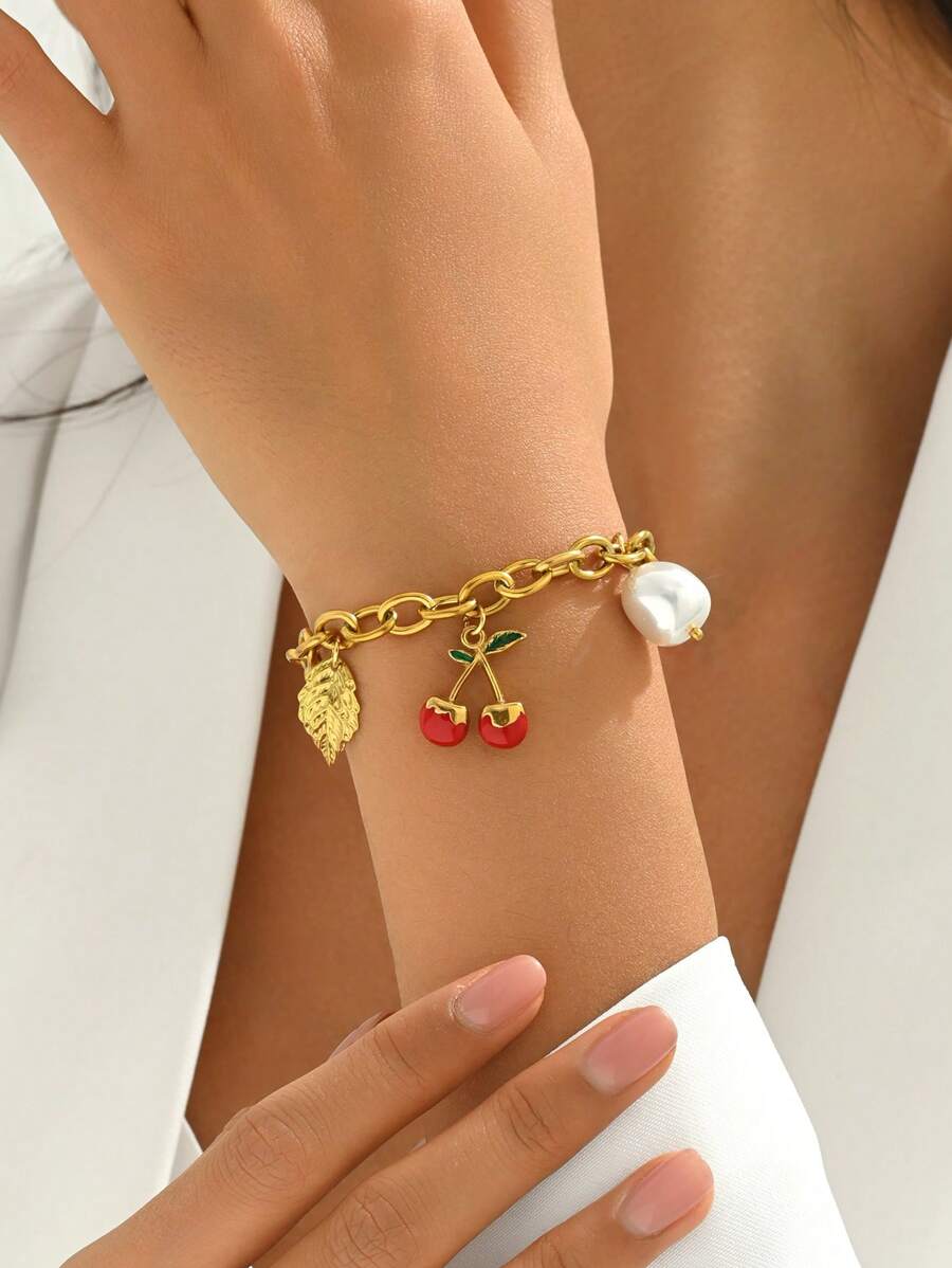 LIEBEIRIS 1pc 18K Gold Plated Stainless Steel Cherry Series Bracelet, Suitable For Ladies Daily Wear And Gift