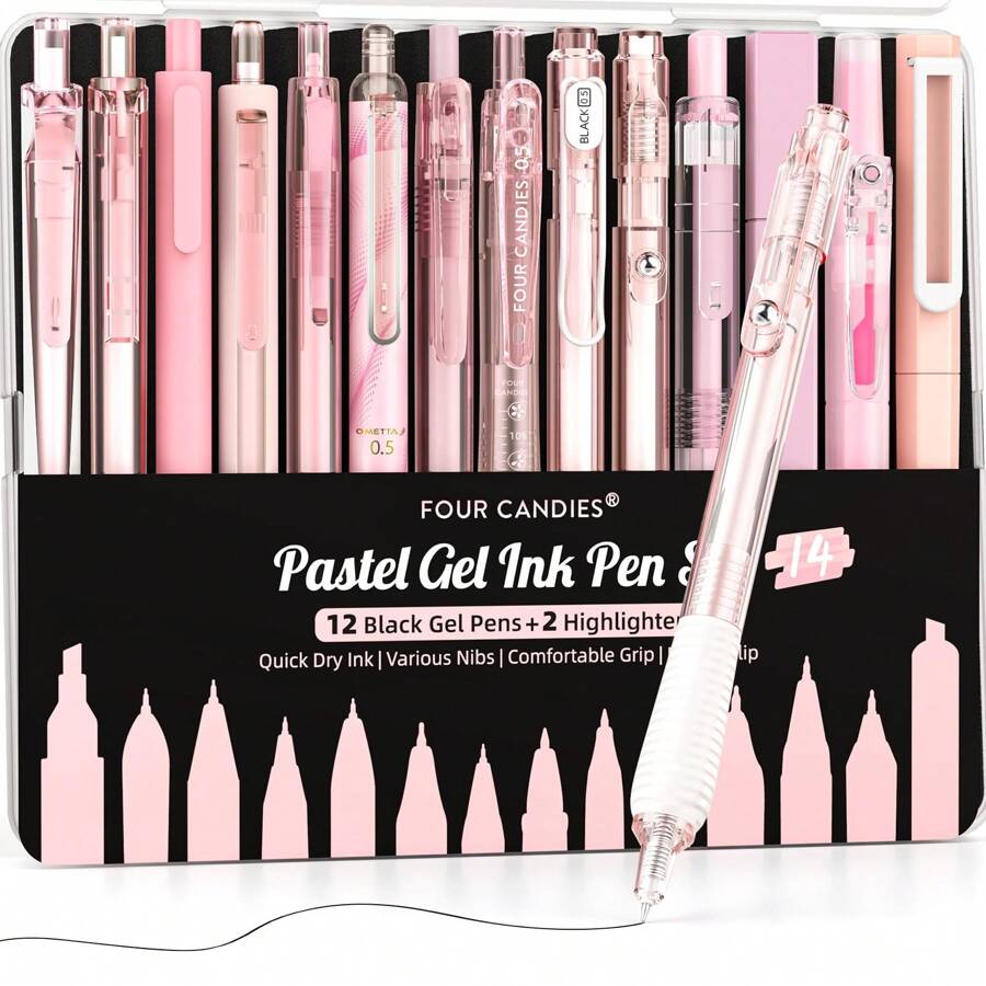 Four Candies 14Packs Pastel Gel Ink Pen Set, Cute Retractable 0.5mm Fine Point Pen, Note Taking Aesthetic Pens, 12 Packs Black Ink Pens With 2Pack Highlighter, Smooth Writing Pens For School, Office (Pink) Back To School
