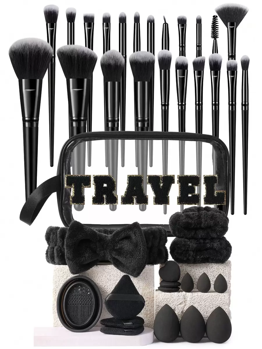 Set de 6/22/39 piezas de brochas de maquillaje, incluye: 1 bolsa de cosméticos con cremallera multifunción, 22 brochas de maquillaje, 3 esponjas de maquillaje, 3 esponjas de maquillaje mini, 30 polvos de triángulo, 30 polvos de cojín de aire mini, 1 herramienta de limpieza de brochas, 1 banda para el cabello, 2 recipientes de mano
