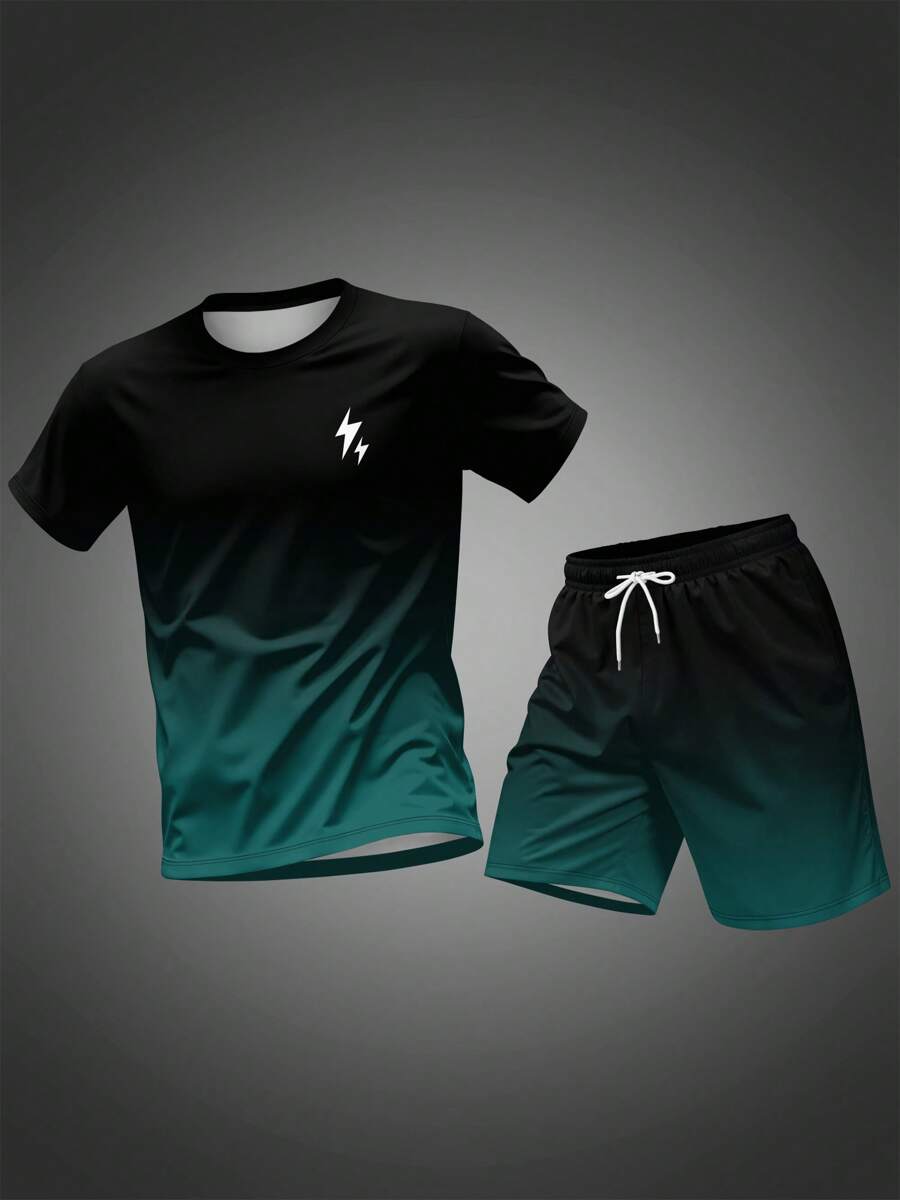 Men's Summer Ombre Round Neck Short Sleeve T-Shirt And Drawstring Shorts Set