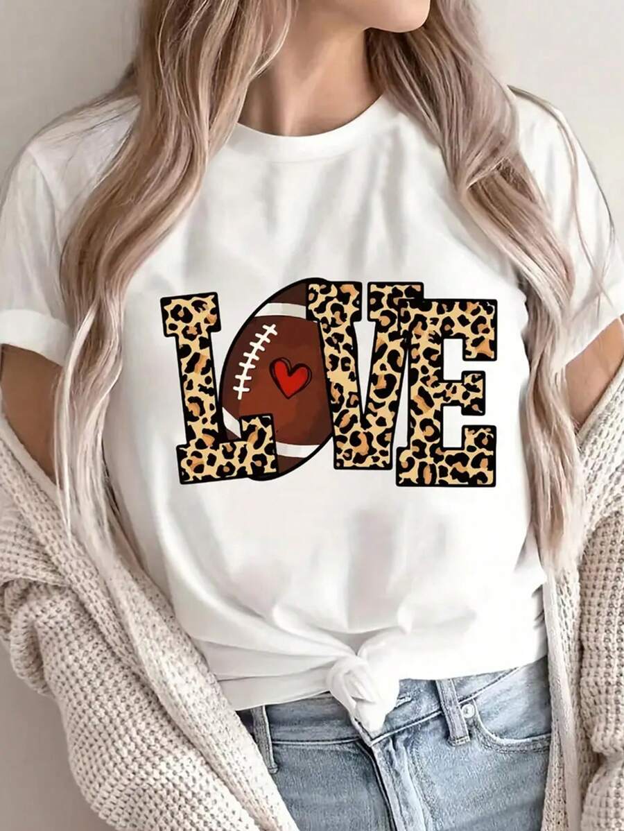 Letter Printed T-Shirt, Short Sleeved Round Neck Summer And Spring Casual Top, Women's Top