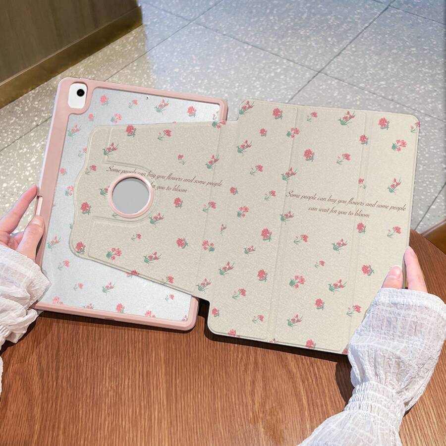 1 pieza, Funda protectora para Tablet Apple Pro 2024 de 13 pulgadas/5ta/6ta/7ta generación o Pro de 11 pulgadas 1ra, 2da generación/Air6 2024 4ta, 5ta generación/8va, 9na generación/10ma generación con ranura para bolígrafo y rotación de 720°, de piel de PU con patrón de pequeñas flores rosas, panel trasero de acrílico rígido y diseño de borde de silicona suave, con función de activación/suspensión automática, a prueba de caídas y golpes, ideal como regalo del Día de San Valentín (por favor lea las instrucciones antes de realizar el pedido)